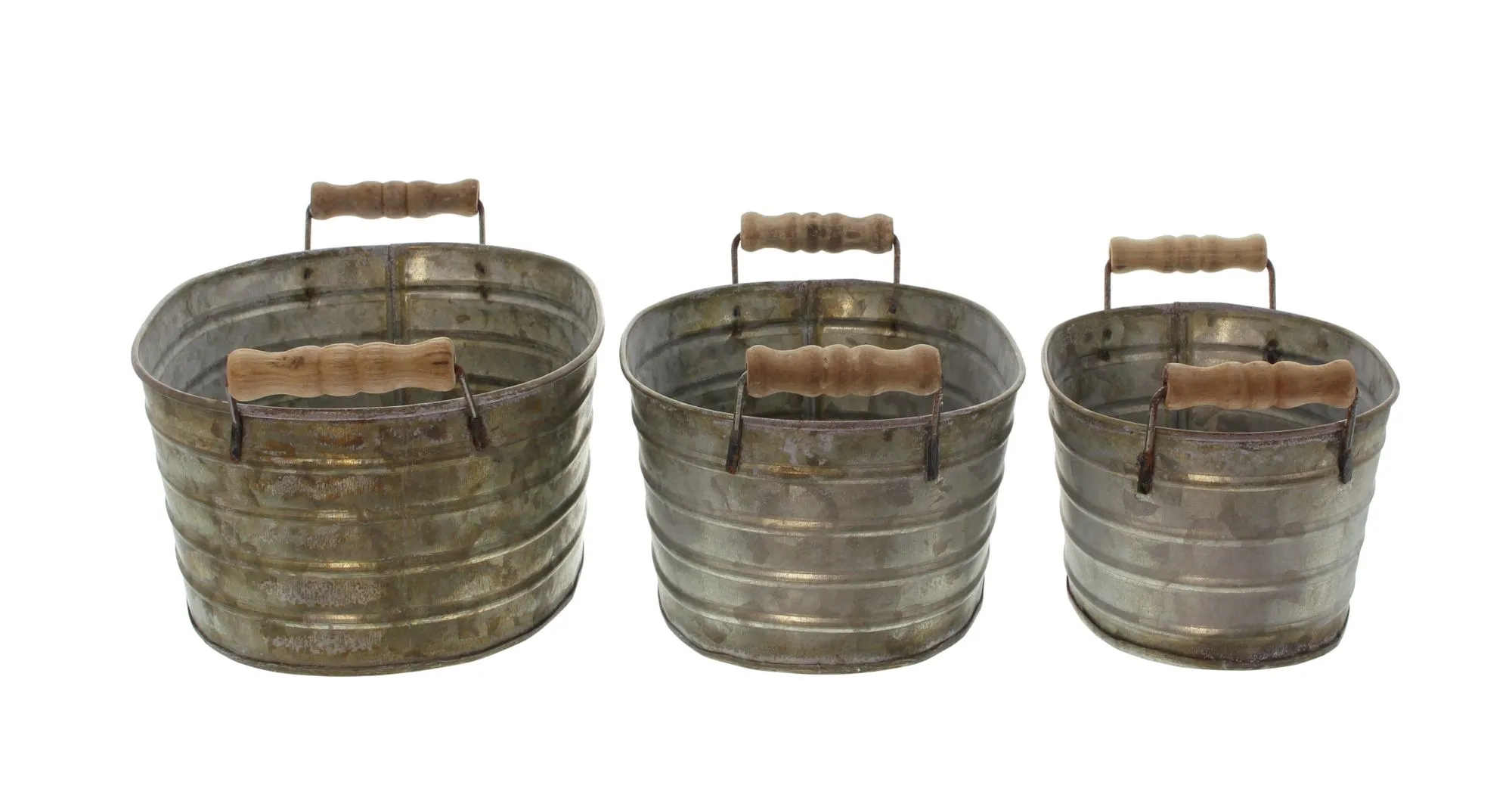 Metallwanne mit Holzgriffen, 3er Set  im Frank Flechtwaren Online Shop für Pflanztöpfe kaufen