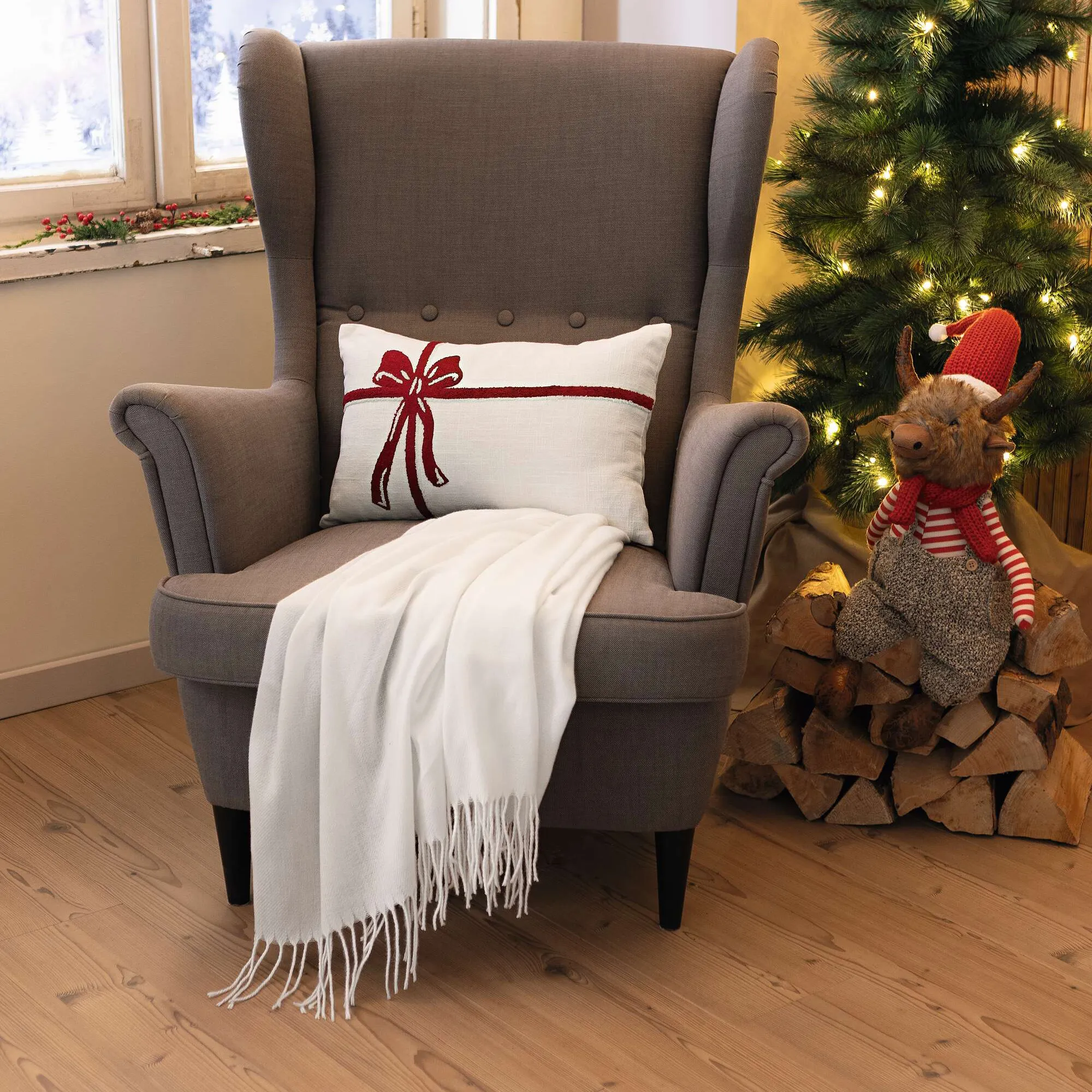 Kissenhülle "Rote Schleife"  im Frank Flechtwaren Online Shop für Weihnachtliche Kissen &amp; Kissenhüllen kaufen