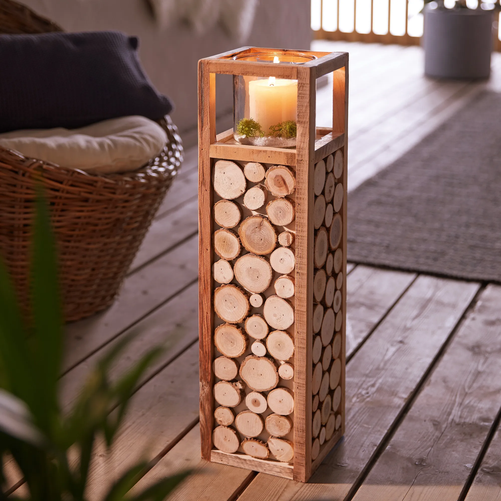 Windlichtsäule "Holzscheibchen"  im Frank Flechtwaren Online Shop kaufen