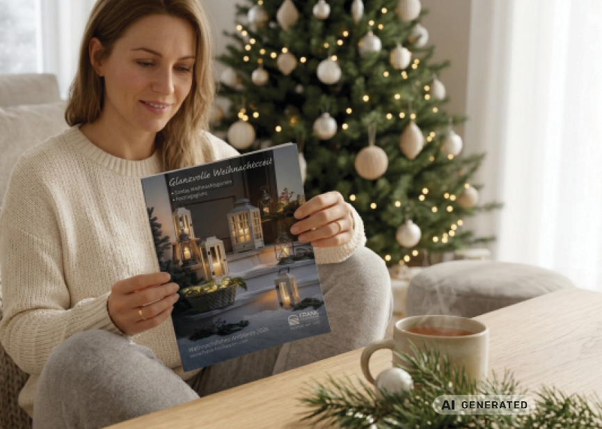 Person hält den Katalog ‚Weihnachtliches Ambiente 2026‘ in einem wohnlichen Ambiente vor einem dekorierten Weihnachtsbaum mit Lichterkette und Weihnachtskugeln