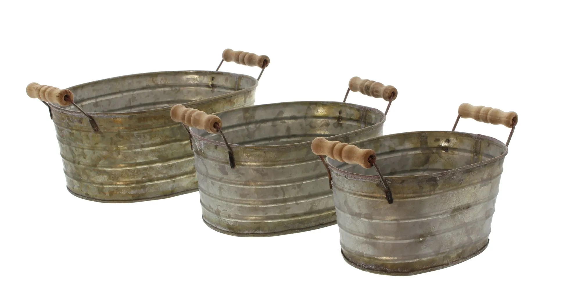 Metallwanne mit Holzgriffen, 3er Set  im Frank Flechtwaren Online Shop für Pflanztöpfe kaufen