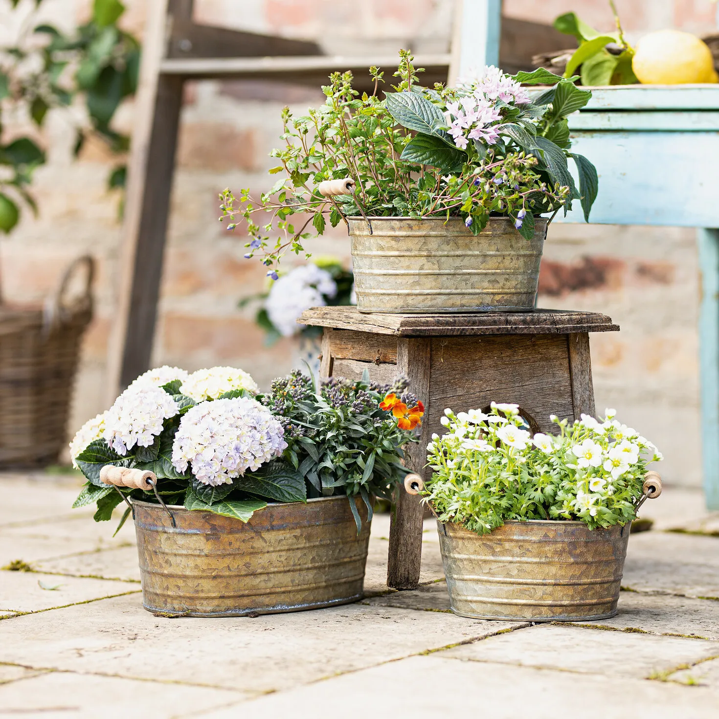 Metallwanne mit Holzgriffen, 3er Set  im Frank Flechtwaren Online Shop kaufen