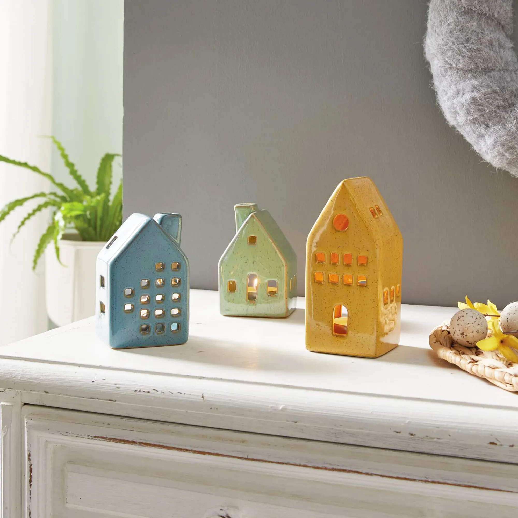 Teelichthalter "Häuser", 3er Set  im Frank Flechtwaren Online Shop für Pastelltöne kaufen