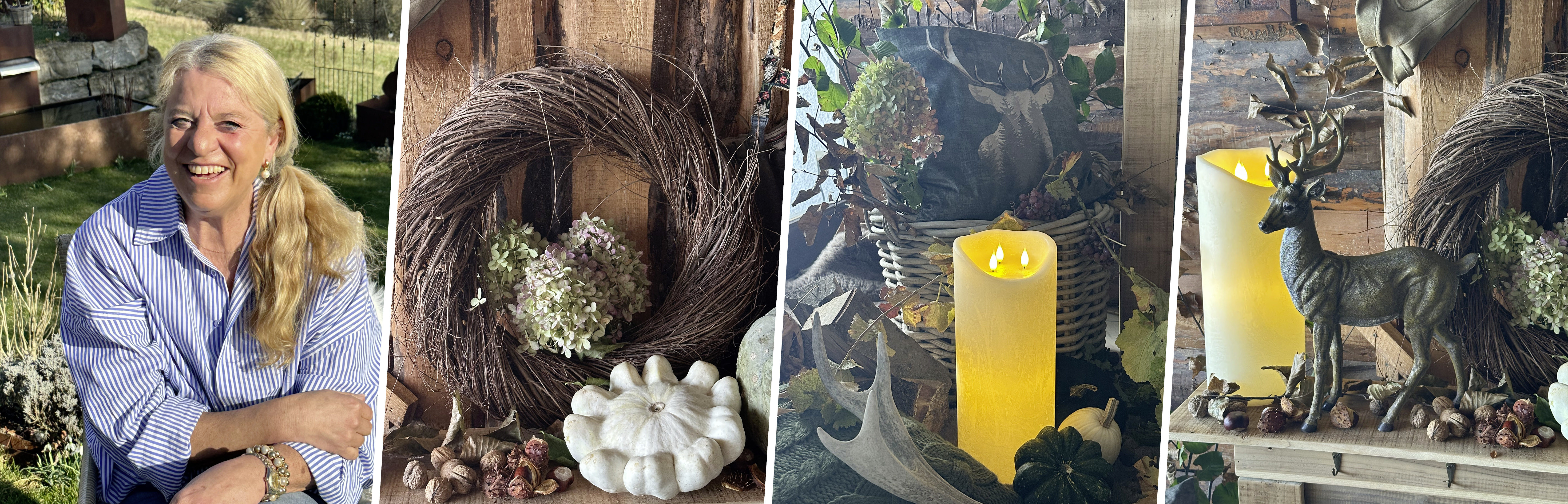 Wohninspiration: Herbstdeko mit Hirschfigur, Naturkranz, LED‑Kerzen und Kürbissen im Landhausstil