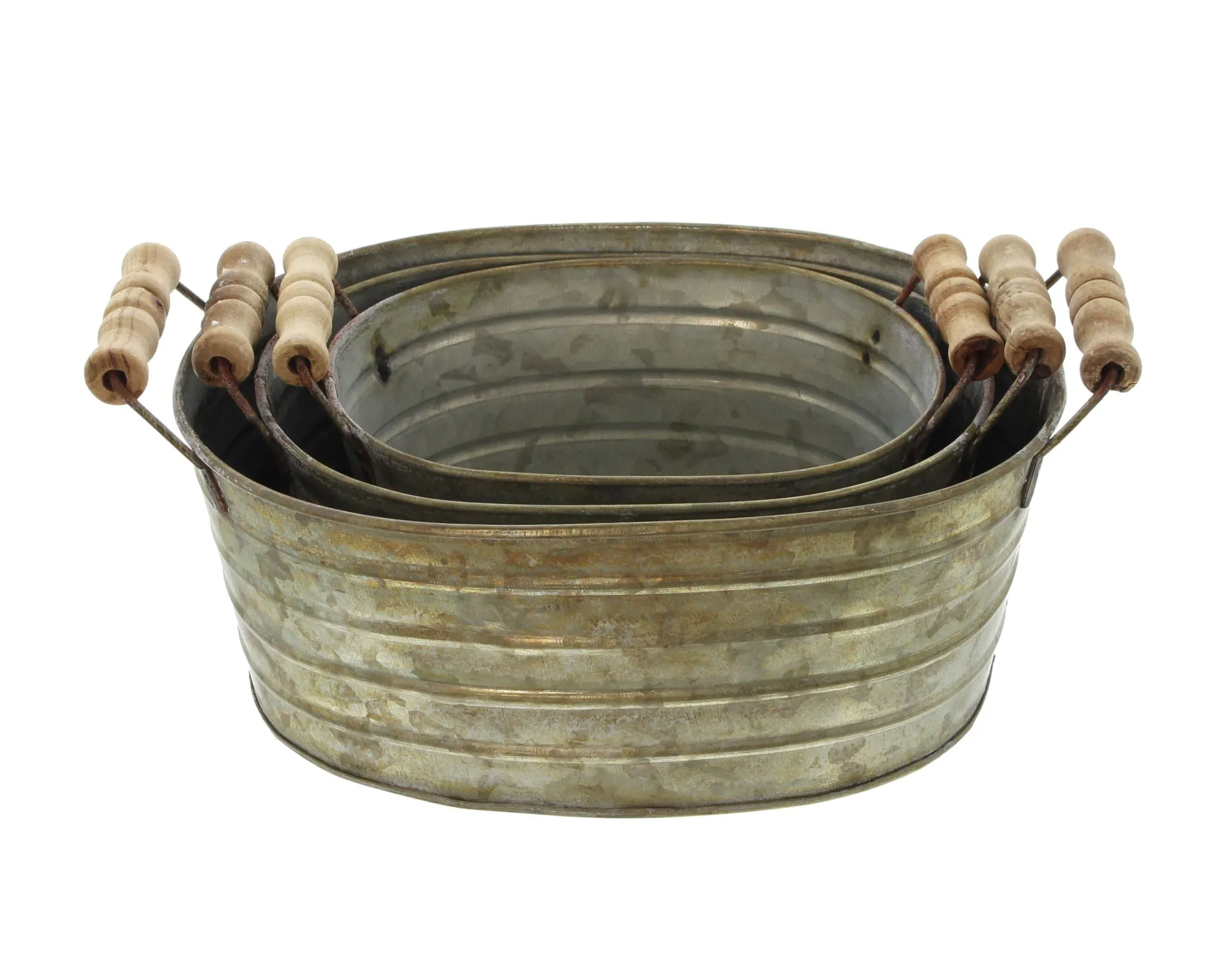 Metallwanne mit Holzgriffen, 3er Set  im Frank Flechtwaren Online Shop für Pflanztöpfe kaufen