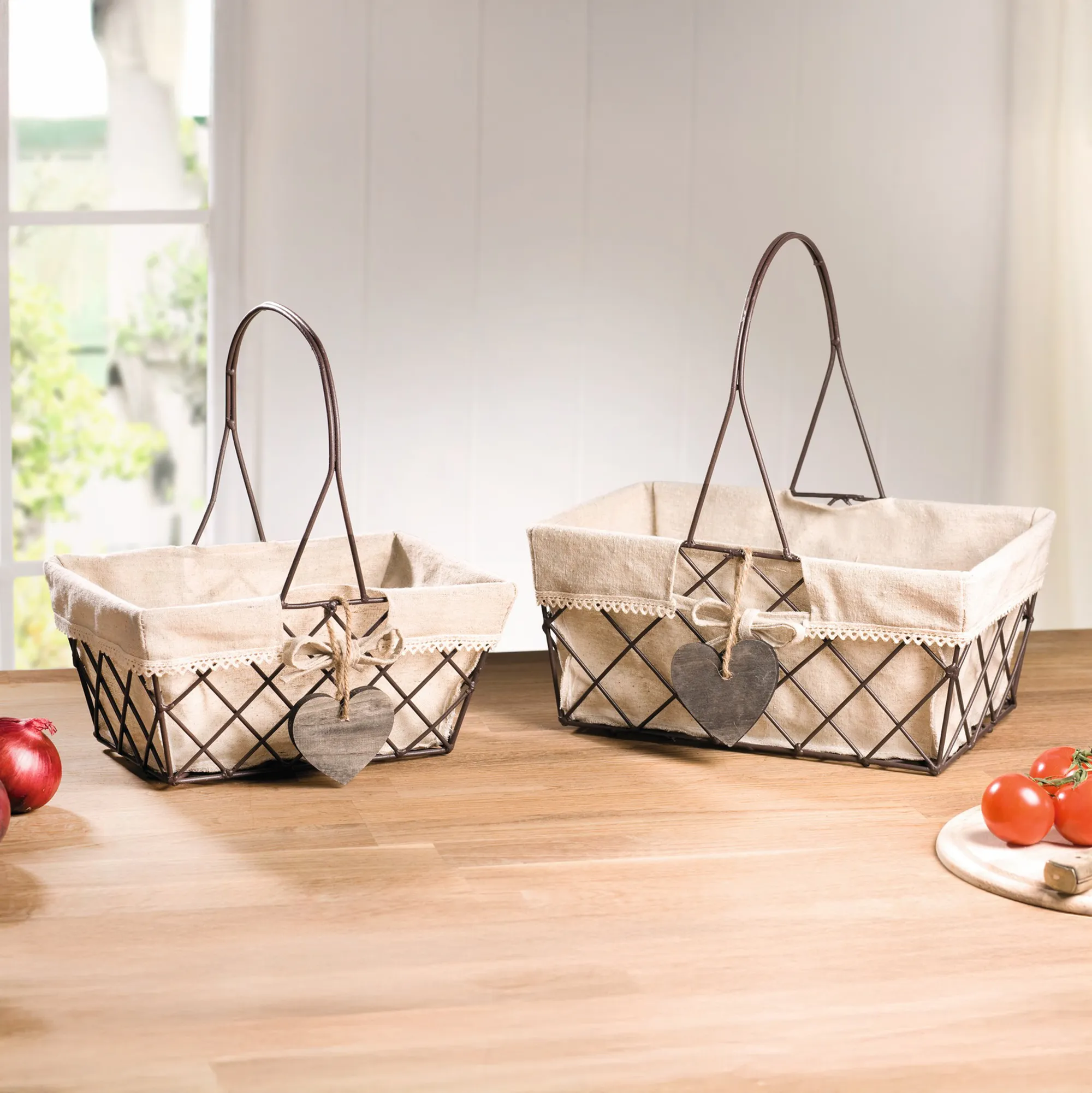 Drahtkorb "Holzherz", 2er Set  im Frank Flechtwaren Online Shop kaufen
