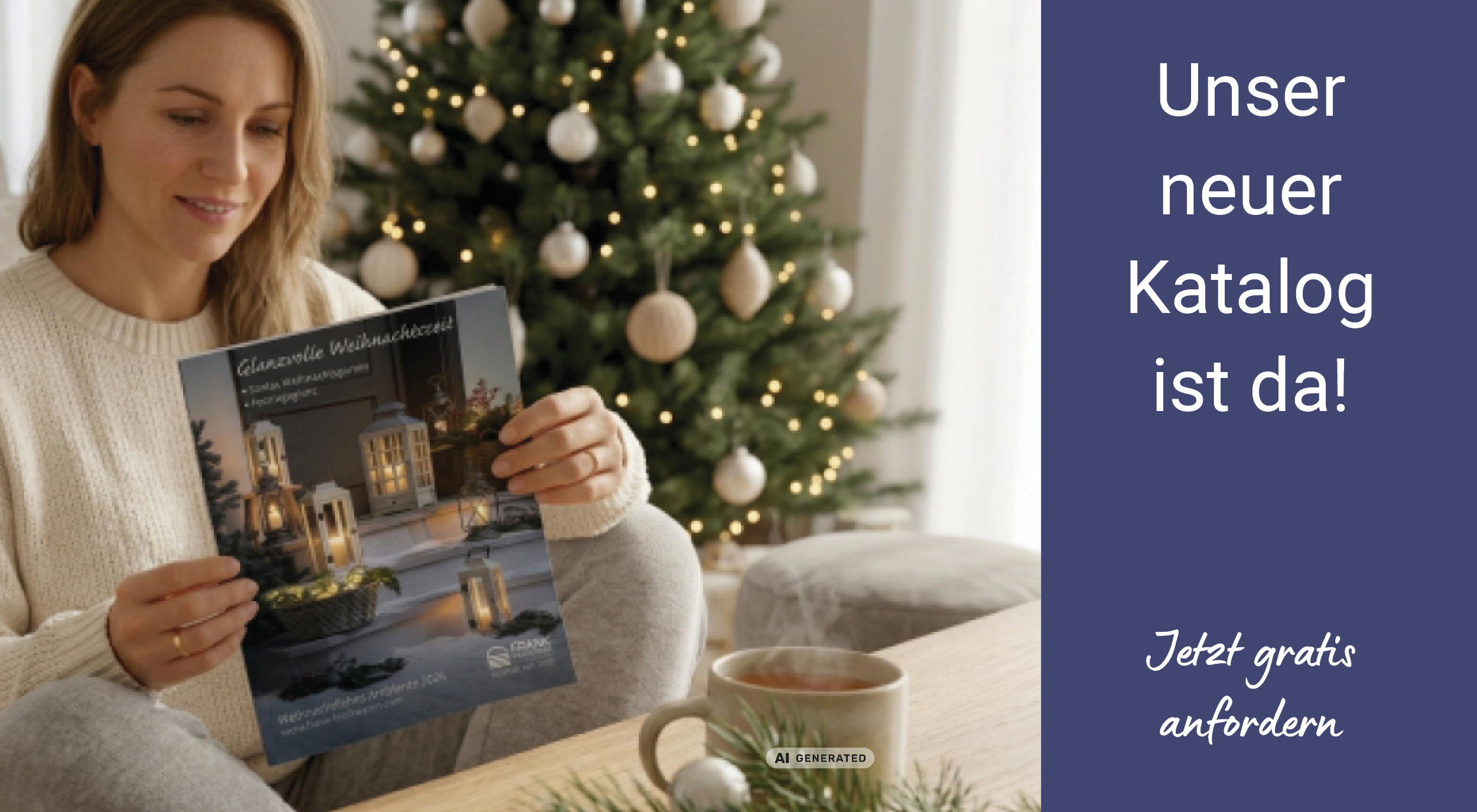 Katalogbestellung: Person blättert Weihnachtskatalog vor geschmücktem Christbaum als winterliche Wohninspiration